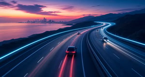 Sleek Highway at Dusk with Glowing Guide Rails