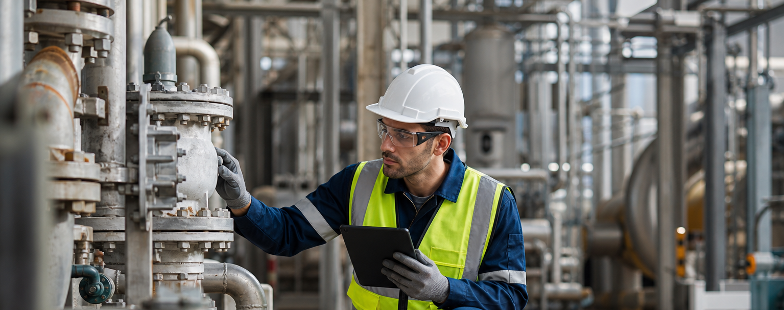 Industrial Inspector Reviewing Equipment in Safety Gear copy